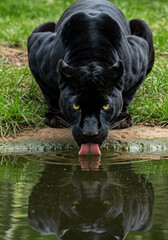 A black panther drinking from a pond, its glossy fur and piercing yellow eyes mirrored in the calm water, surrounded by lush greenery in a serene natural setting.