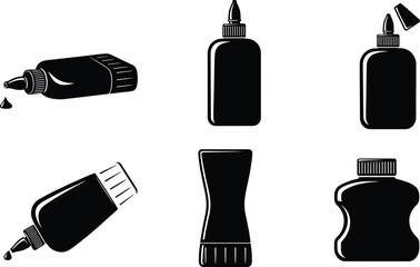 Glue bottle silhouette icons, black vector set, nozzle, squeeze tube, drop, cap and label styles, adhesive packaging design, illustration pack