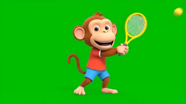 Cartoon Monkey Playing Tennis on Green Screen - A cartoon monkey is shown hitting a tennis ball with a yellow racket.