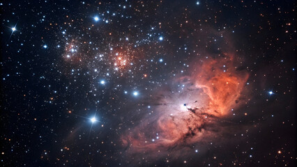Deep space nebula with glowing red clouds and dense star clusters stars galaxy