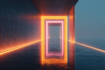 Illuminated doors in misty corridor create surreal, dreamlike at