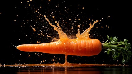 Dynamic High-Speed Shot of a Carrot Splashing with Juice on a Black Background
