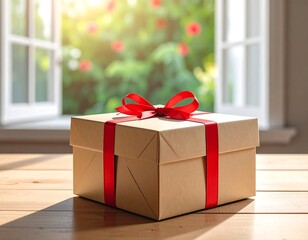 A light brown gift box with a red ribbon sits on a wooden table in front of an open window, showcasing a blurred garden scene.