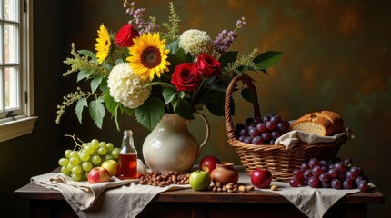 Abundant still life with flowers fruit and nuts on a table