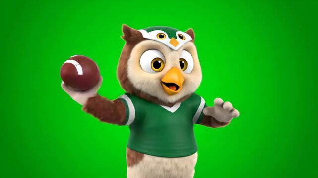 Cartoon Owl Mascot Quarterback Passing Football - A cartoon owl mascot wearing a green jersey and helmet, holding a football and ready to pass it.