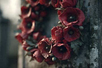 A red poppy wreath laid on a war memorial in remembrance of war dead