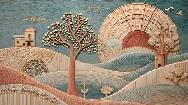 Artistic wooden bas relief of abstract landscape scene with tree and sun design