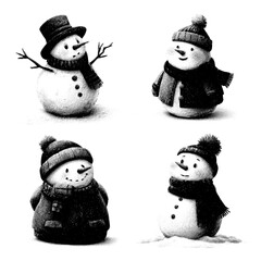Festive snowmen gathering in winter wonderland wearing clothing and cheerful expressions