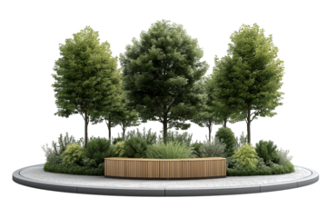 Modern garden bench with trees and plants isolated on a transparent background