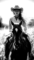 Young woman riding a horse through grass under a sky in the countryside during sunset