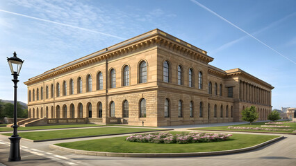 Naklejka premium Large sandstone neoclassical building with arched windows and manicured gardens neoclassical architecture