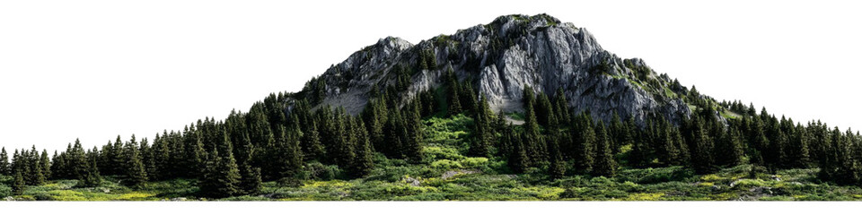 Obraz premium PNG of Breathtaking mountain landscape with dense evergreen trees and rocky hillside, inviting nature lovers to explore.