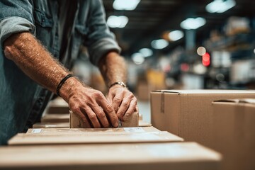 Dedicated worker meticulously sealing cardboard boxes for efficient shipment in a bustling warehouse environment, ensuring secure delivery of goods