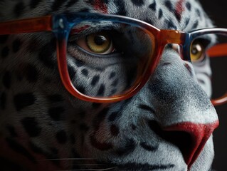 Close up portrait captures a leopard wearing stylish eyeglasses, showcasing a captivating blend of elegance and power against a dark background
