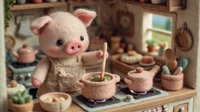 Animated pig chef cooking in kitchen with pots and vegetables culinary scene