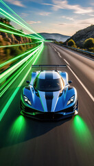 Dynamic shot of a sleek blue sports car racing down a highway with vibrant green light trails, showcasing speed and modern automotive design.