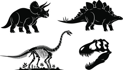 Dinosaur Silhouette Vector Set – Triceratops, Stegosaurus, Sauropod Skeleton, and T. Rex Skull for Prehistoric, Educational, and Fossil Themes © Sharon Creatives