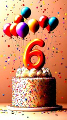 Colorful birthday cake with six candle and balloons celebrating a child's special day - High Contrast