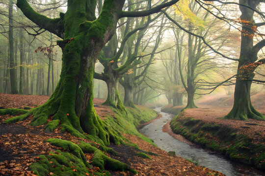 Moss covered ancient trees line a winding stream in a misty autumn forest image
