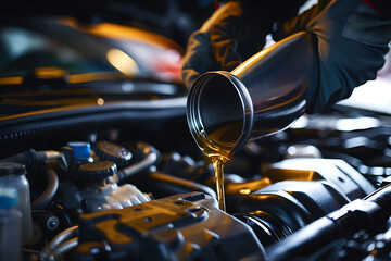 Close-up of mechanic pouring fresh engine oil into clean car engine with funnel