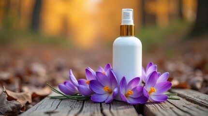 White wine bottle surrounded by purple crocus flowers on a wooden surface in autumn forest