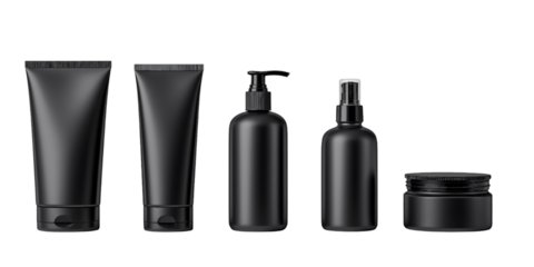 Black cosmetic packaging set isolated on a transparent background