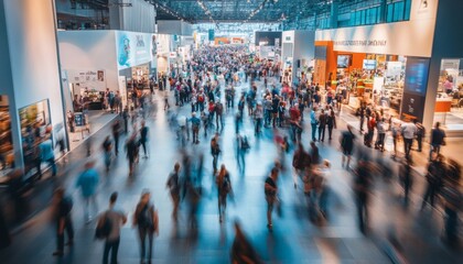 Fototapeta premium Many people are walking and standing in a large indoor space with various booths and signage, creating a busy atmosphere.