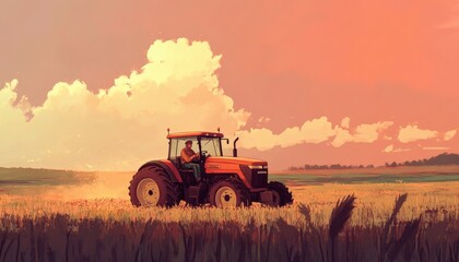 Fototapeta premium A tractor is shown driving through a field of wheat under a partly cloudy sunset sky.