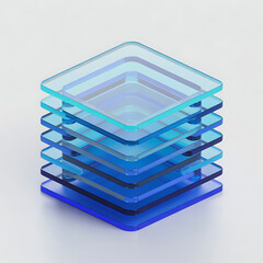 Stack of translucent blue square glass coasters on a light background