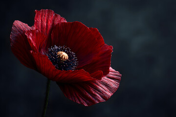 The remembrance poppy - poppy appeal. Poppy flower on black textured background. Decorative flower for Remembrance Day, Memorial Day, Anzac Day in New Zealand, Australia, Canada and Great Britain.