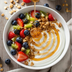 Greek Yogurt with Fresh Fruits and Granola – Top View
