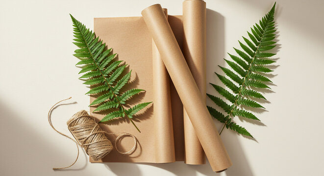 Brown paper rolls with green fern leaves and twine on beige background in natural lighting for eco friendly branding
