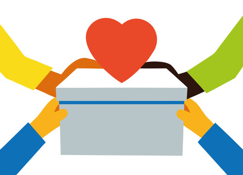 Diverse hands are reaching towards a donation box