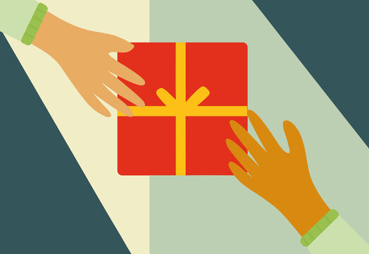 Two hands are exchanging a red gift