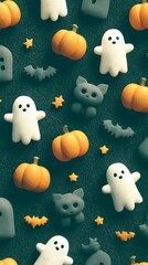 Halloween decorations with playful ghosts, pumpkins, and cats in a festive arrangement