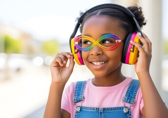 Autistic black child girl wearing rainbow infinity shaped glasses and colorful headphones smiling outdoors symbolizing neurodiversity pride sensory support and inclusive identity expression