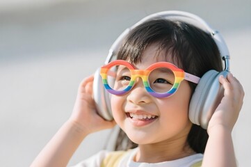 Autistic asian child girl wearing rainbow infinity shaped glasses and colorful headphones smiling outdoors symbolizing neurodiversity pride sensory support and inclusive identity expression