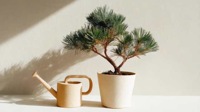 Beautifully styled bonsai pine tree in cream ceramic pot sits next to modern watering can on sunlit surface, showcasing minimalist home decor trends, indoor plant care for stylish living spaces