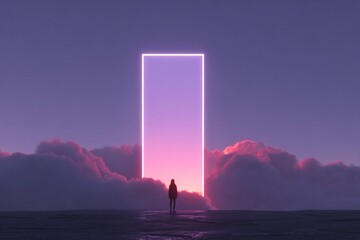 solitary figure stands before glowing doorway amidst vibrant clo