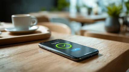 A sleek mobile phone displaying a successful verification checkmark rests on a wooden surface in a stylish coffee shop. The scene conveys digital security, comfort, and modern lifestyle trends - Powered by Adobe