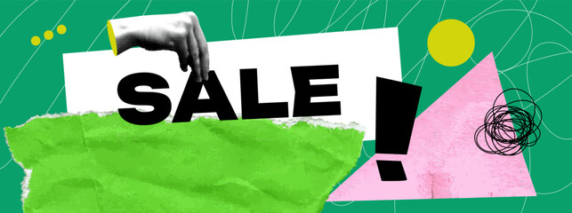 Sale banner with collage elements, torn paper, exclamation mark. Modern banner template with abstract creative textures. Halftone hand holding word Sale. Contemporary background