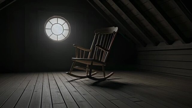 Empty old rocking chair slowly rocking in dark attic room near a round window, concept of a haunting nightmare scene footage.