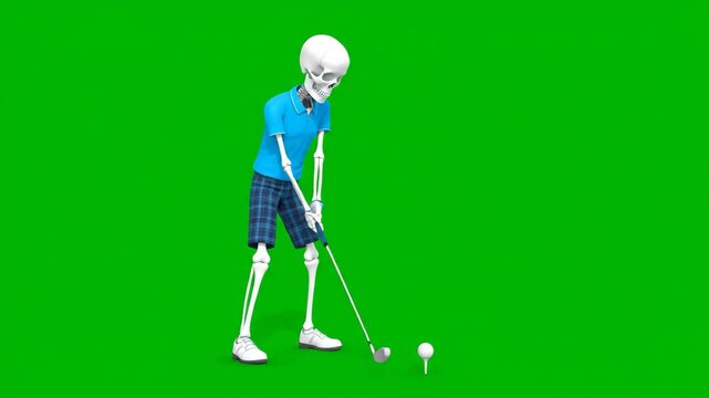 Cartoon Skeleton Playing Golf on Green Screen - A 3D cartoon skeleton is captured mid-swing with a golf club. The character is set against a vibrant green chroma key background.