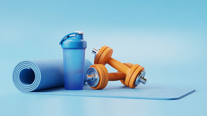 Blue water bottle yoga mat and orange dumbbells on a light blue background