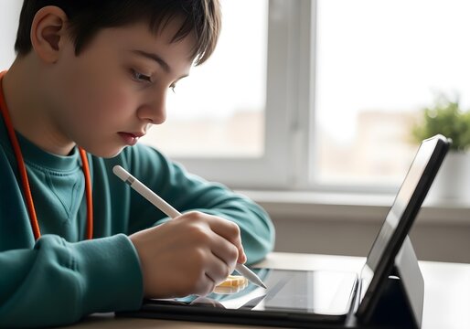 Neurodivergent kid boy focused on writing alphabet with stylus on tablet near window wearing colorful sensory necklace for attention and fine motor skill support in inclusive setting