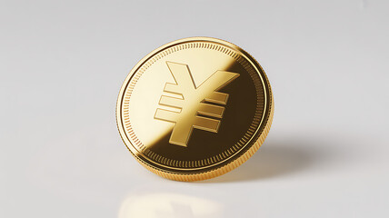 Golden coin with japanese yen symbol on white background