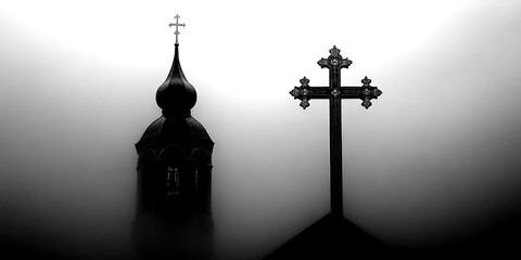 Fog envelops a church tower and cross, creating a serene and mysterious atmosphere at dawn