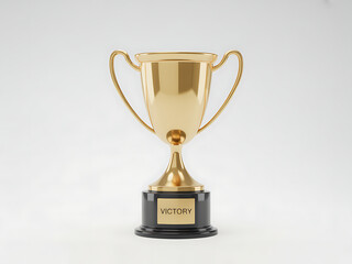Golden trophy award on a black pedestal against a white background