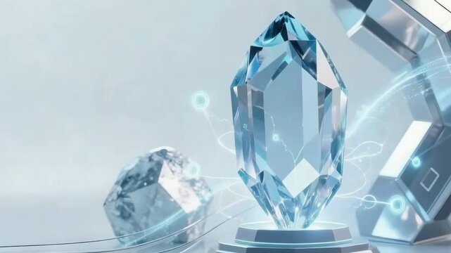 Crystal stones and futuristic geometric structures emitting subtle energy particles, as if activating or catalyzing