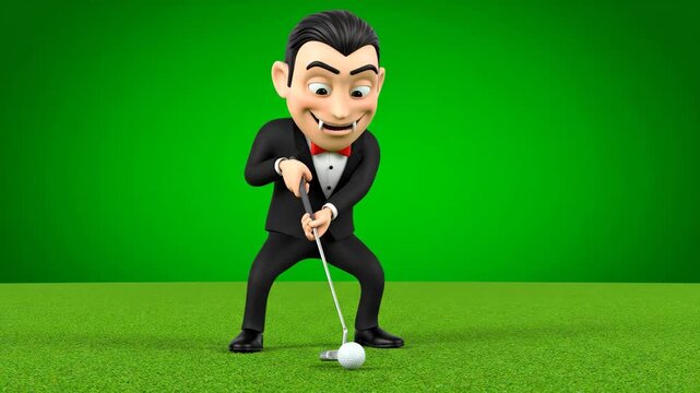 Cartoon Vampire Playing Golf on Green - A cartoon vampire character is lining up a golf putt on a green golf course. The background is a solid chroma key green screen.